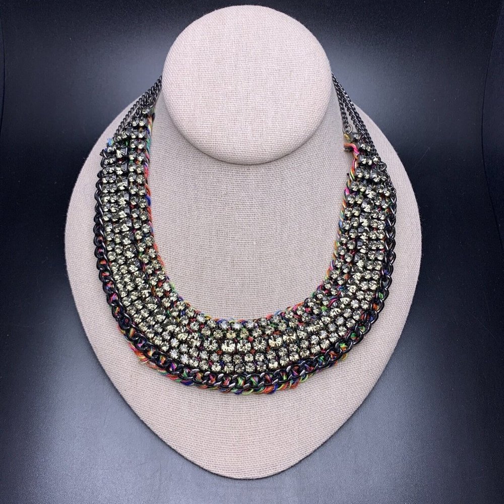 BCBG Maxazria Necklace Gunmetal Dark Rhinestone Multicolor Statement Bold Chunky